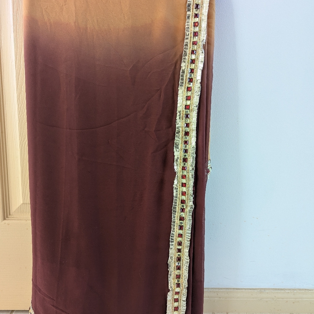Elegant Two Tone Brown Georgette Saree with Gold and Red Gotta Trim With Blouse
